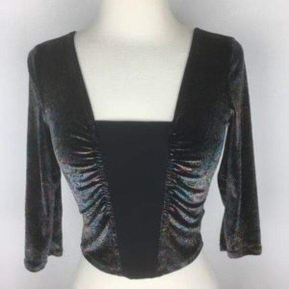 Ecote UO Bianca Black Velvet Paisley Shirred Crop Top XS - Picture 3 of 9